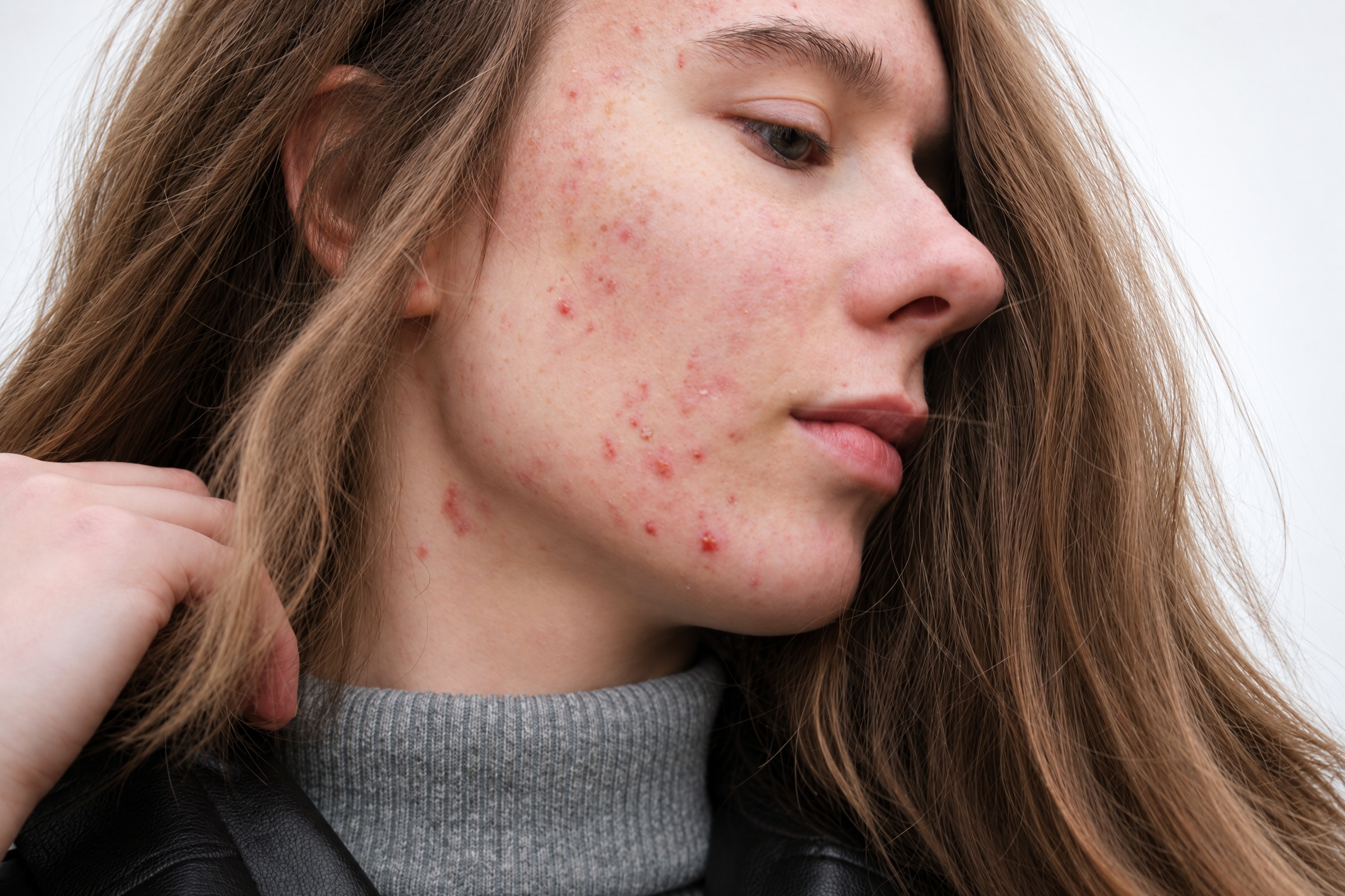 Portrait of a young woman with blemish-prone skin