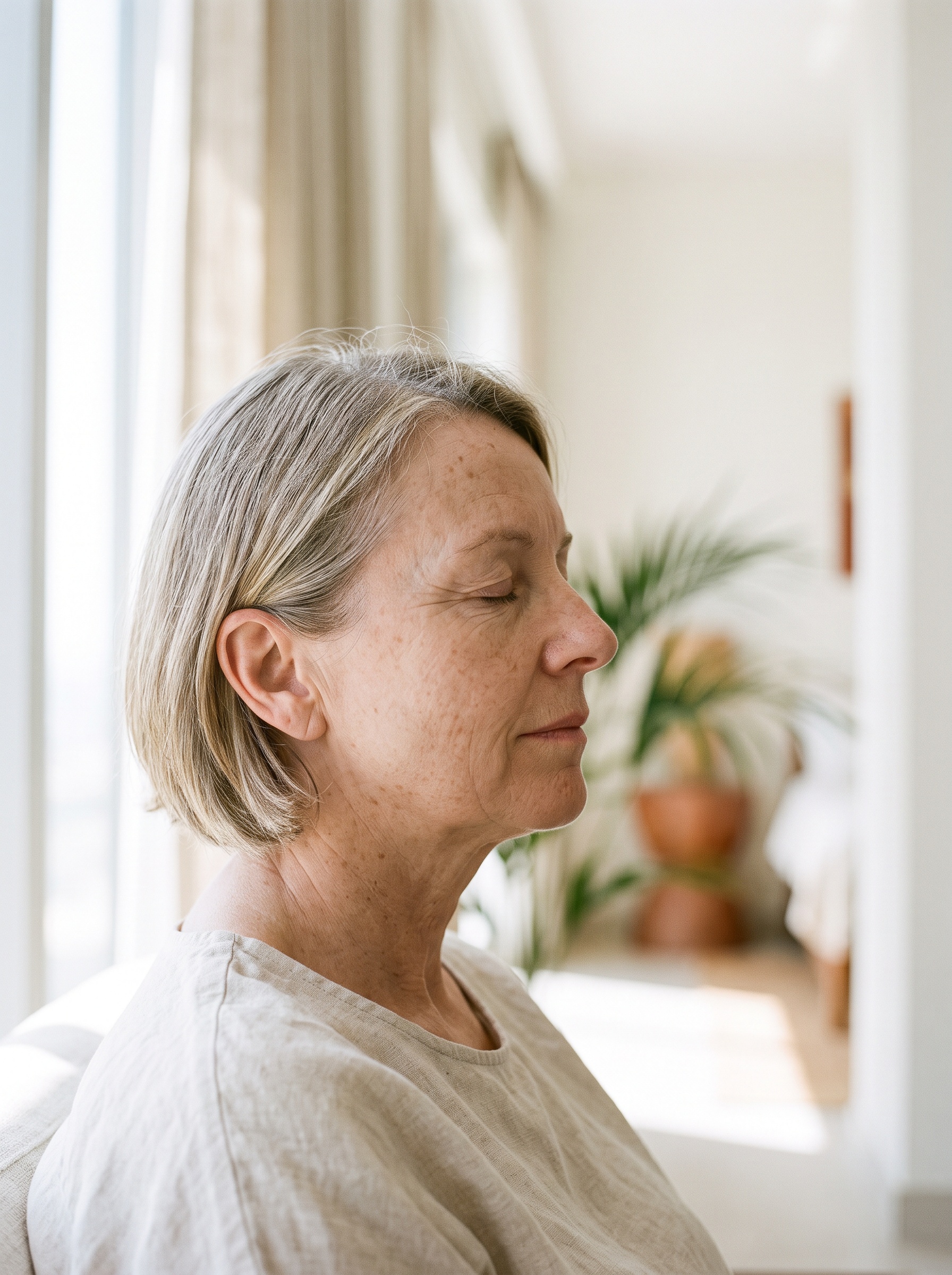 Patient in her fifties after skin rejuvenation, side profile